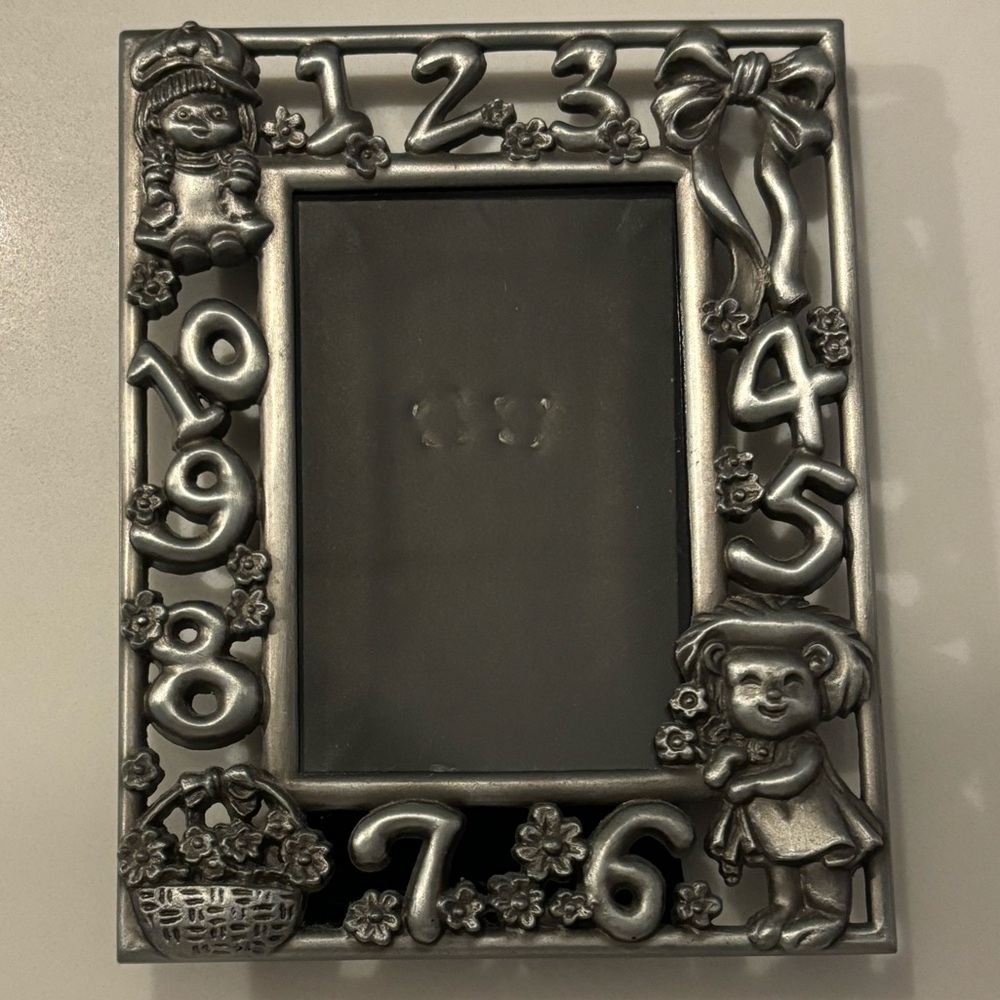 Silver Decorative Photo Frame with Numbers and Figures, Holds 2x3” photo